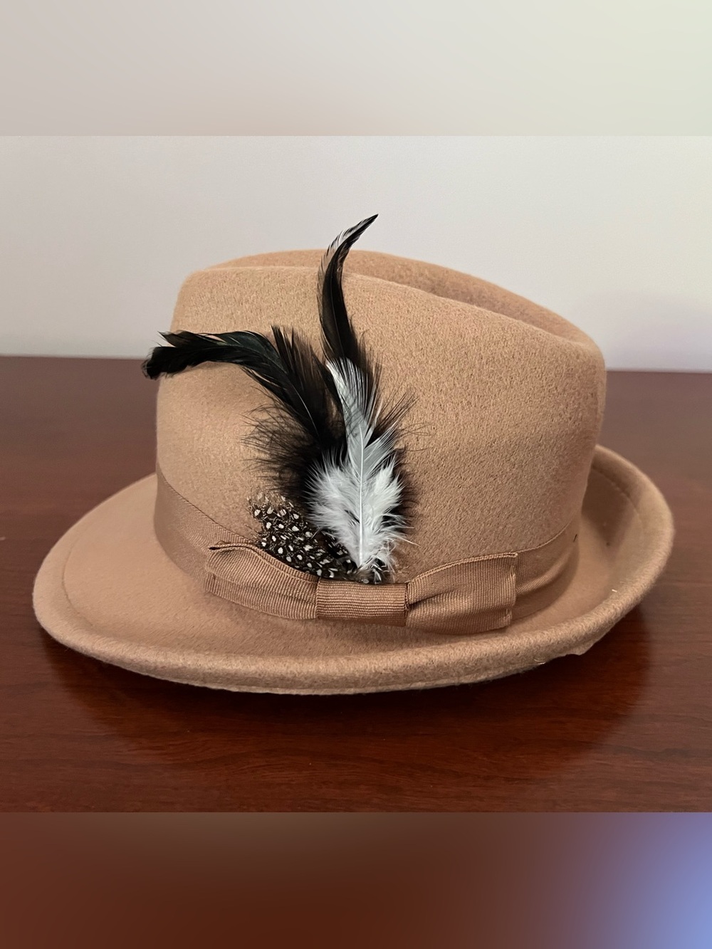 Tan Wool Felt look Fedora Hat with Decorative Feathers